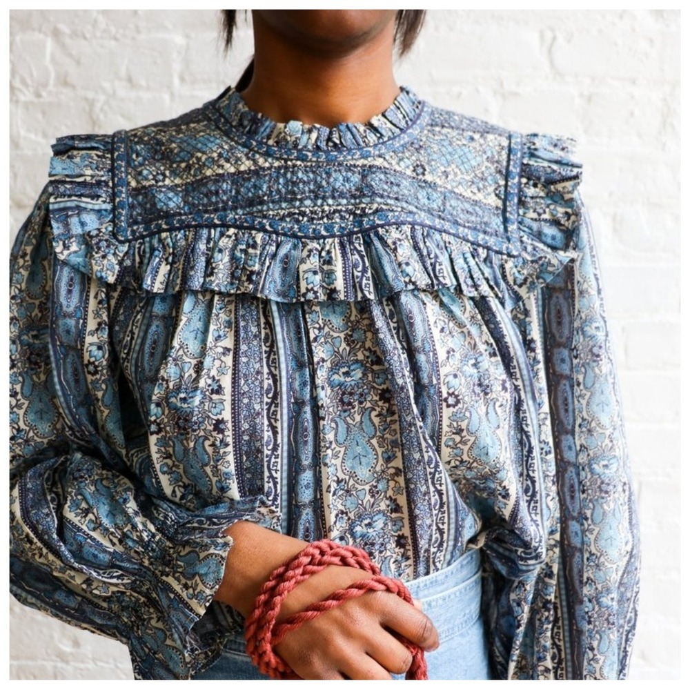 DOEN Bridger Top Blue Cream Paisley Floral Smocked Blouse Ruffle Cotton M